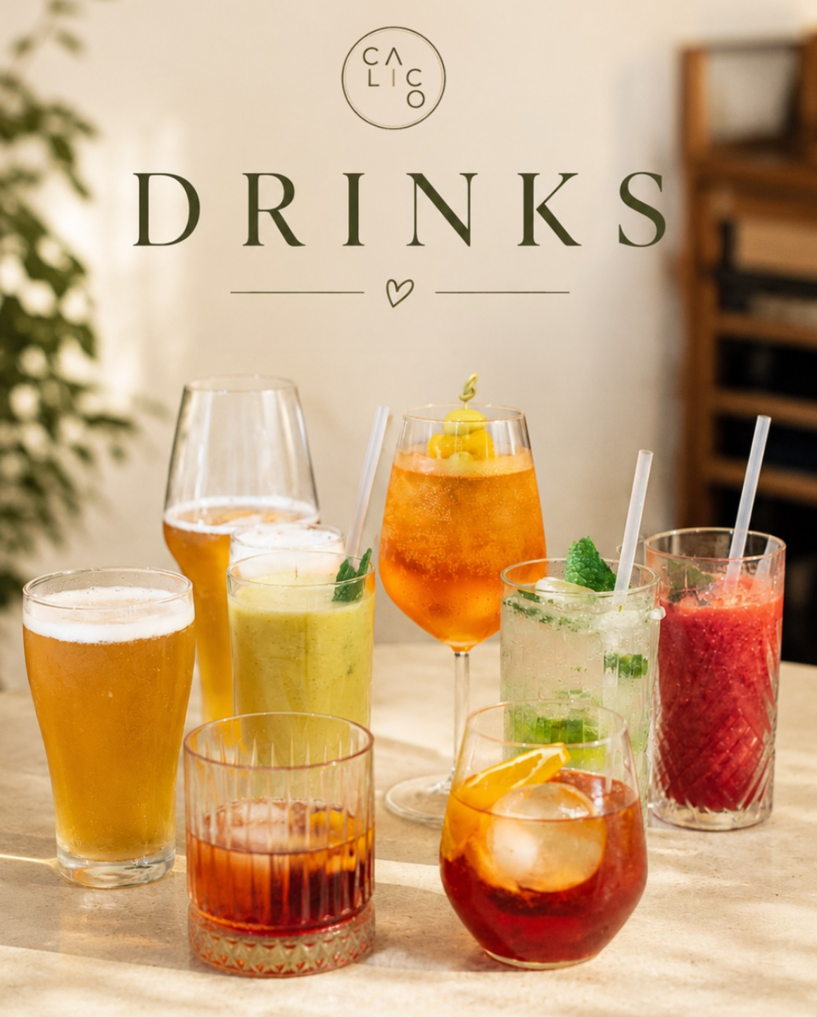 Calico colourful drinks menu creative