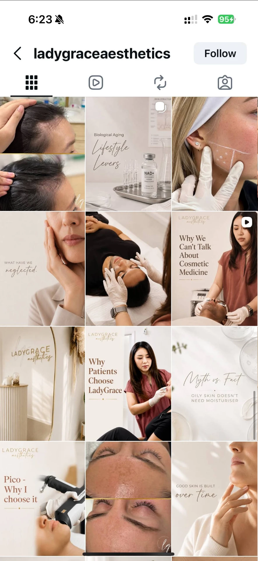 LadyGrace Aesthetics Instagram page with a consistent neutral visual direction
